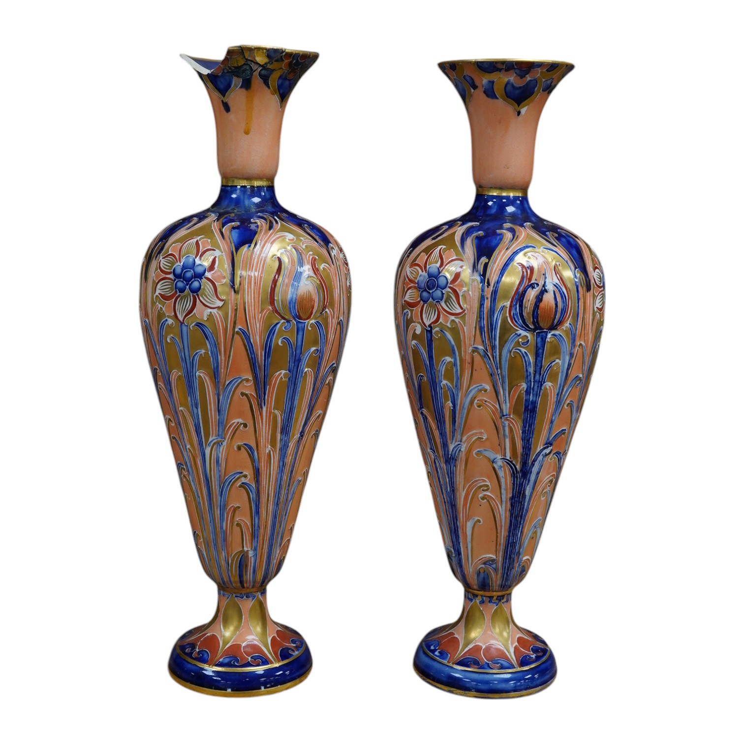 A pair of 'Alhambra', James Macintyre and Co vases, designed by William Moorcroft, 31cm high. Condition - one damaged and poorly repaired, the other in good condition with minor wear to the gilding